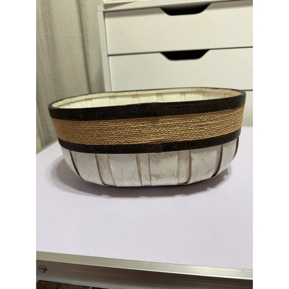 Oval Wood Rope Basket Rustic Farmhouse Whitewashed‎ Decor 12 In